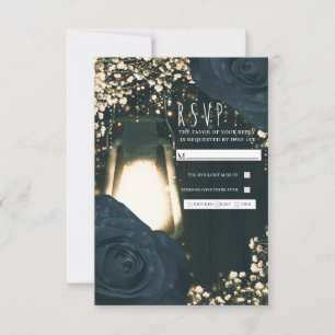 Rustieke Glow Lantaarn Blauw Zwarte Rozen Trouw RS RSVP Kaartje