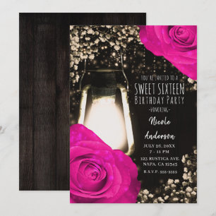 Rustieke Glow Lantaarn & Fuchsia Roze Trouw Uitnod Kaart