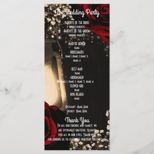 Rustieke Glow Lantaarn & Rode Rozen Wedding Progra Programma (Achterkant)
