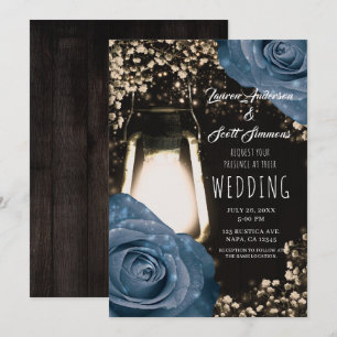 Rustieke Glow Lantaarn Stof Blauw Rozen Bruiloft Kaart