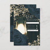 Rustieke Glow Lantern Blauw Zwart Rozen Bruiloft R RSVP Kaartje (Voorkant / Achterkant)