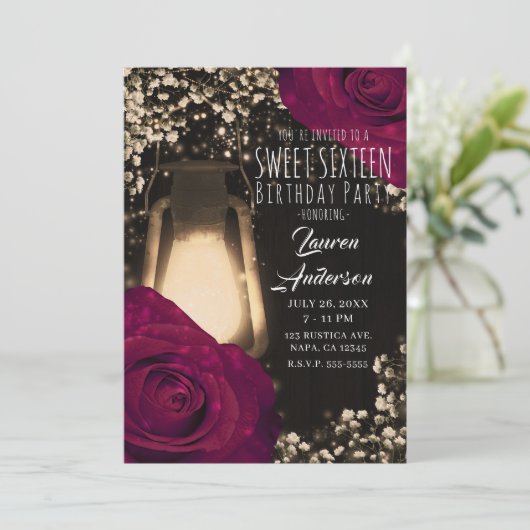 Rustieke Glow Lantern & Magenta Rozen Sweet 16 Kaart (Staand voorkant)