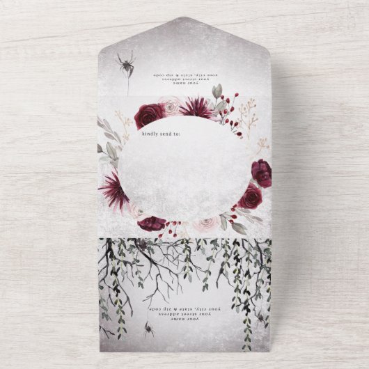 Rustieke Gotische Zwart & Bourgondië Halloween CUS All In One Uitnodiging (Buitenkant)