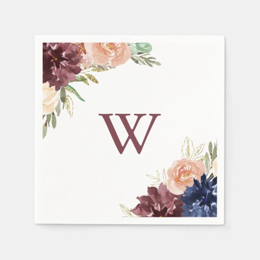 Rustieke Gouden Bladeren en Bloemen Monogram Bruil Servet (Voorkant)