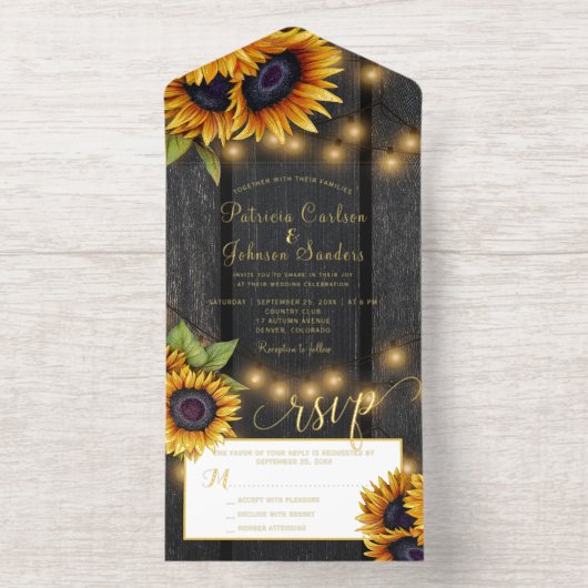 Rustieke gouden zonnebloemen hout bruiloft gouden all in one uitnodiging (Binnenkant)