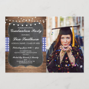 Rustieke Graduation Party Blauw Check Chalk BBQ Fo Kaart