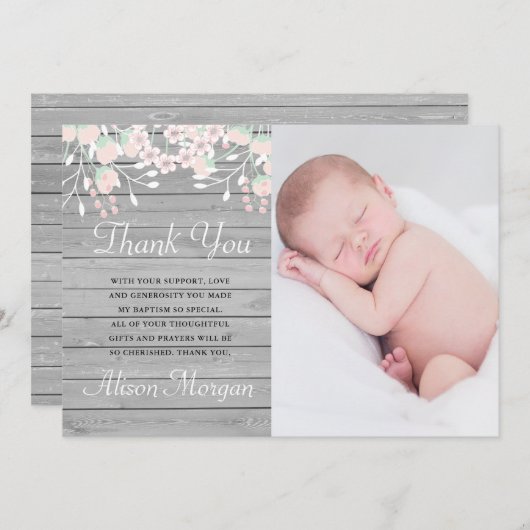 Rustieke grijze hout blush bloesem dank u kaart (Voorkant / Achterkant)