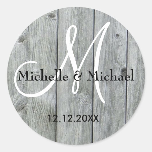 Rustieke Grijze Houten Bruid en Groom Monogram Ronde Sticker (Voorkant)