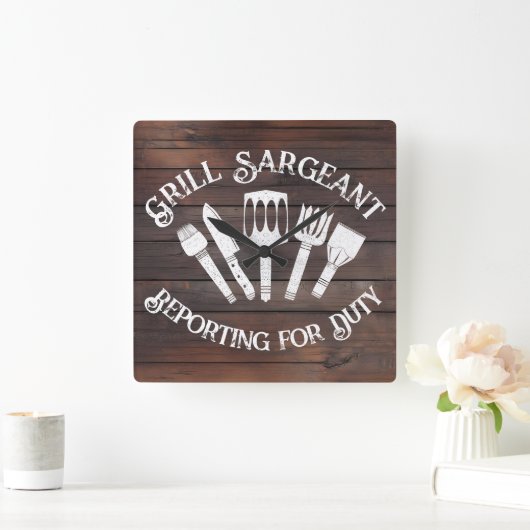 Rustieke 'Grill Sargeant' - Grappig BBQ Gift Vierkante Klok (Huis)