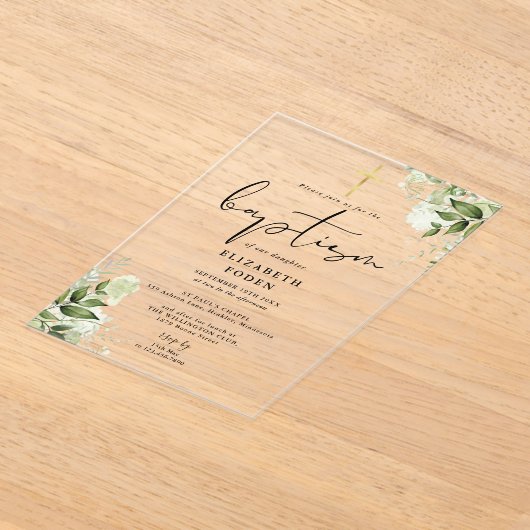 Rustieke groene bloemige elegante moderne doop acryl uitnodigingen (Laagn)