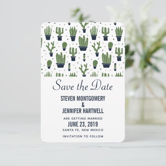 Rustieke Groene Cactus in Bloempotten Patroon Brui Save The Date (Staand voorkant)