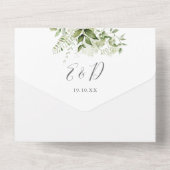 Rustieke groene elegante gouden boog bruiloft all in one uitnodiging (Achterkant)