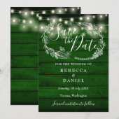 Rustieke groene houten slingerlichtjes bloemige br save the date (Voorkant / Achterkant)