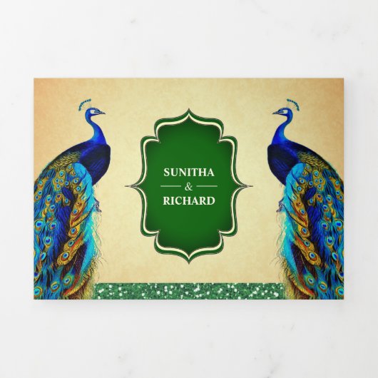 Rustieke Groene Indiase pauw veren bruiloft Drieluik Uitnodiging (Cover)