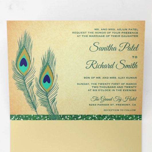 Rustieke Groene Indiase pauw veren bruiloft Drieluik Uitnodiging (Binnenzijde eerst)