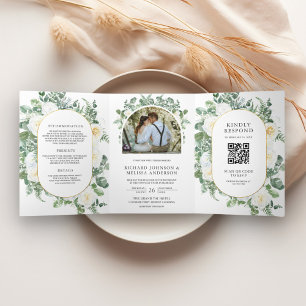 Rustieke groene ivoorkleurige bloemen foto QR-code Drieluik Uitnodiging