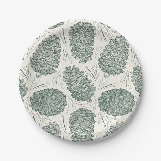 Rustieke groene kerstpinecones papieren bordje (Voorkant)