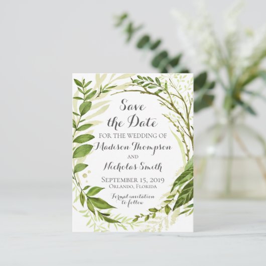 Rustieke groene krans Save the Date Briefkaarten (Staand voorkant)