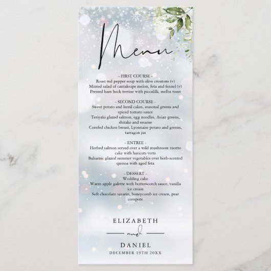 Rustieke groene monogram winter bruiloft diner menu (Voorkant)