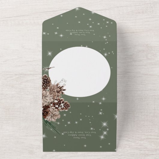 Rustieke Groene Pine Winter Sparkle Details All In One Uitnodiging (Buitenkant)