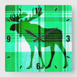 Rustieke groene plaid eland wandklok vierkante klok