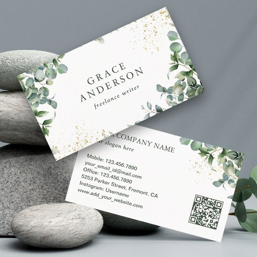 Rustieke Groene Tinten Goud Eucalyptus QR Code Visitekaartje