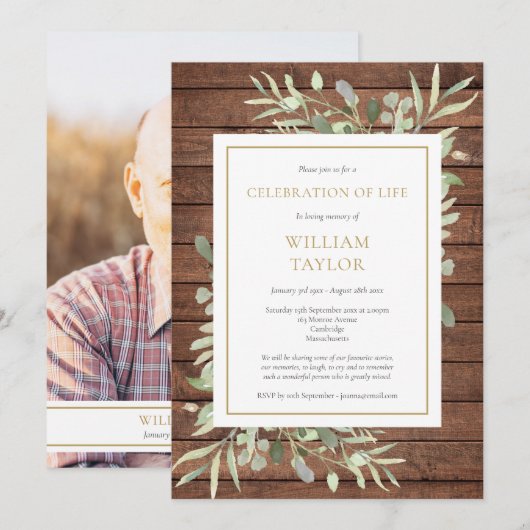 Rustieke groene viering van het leven foto rouwfot kaart (Voorkant / Achterkant)