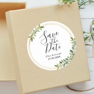 Rustieke groene wilde bloemen trouwkaart 'Save the Ronde Sticker