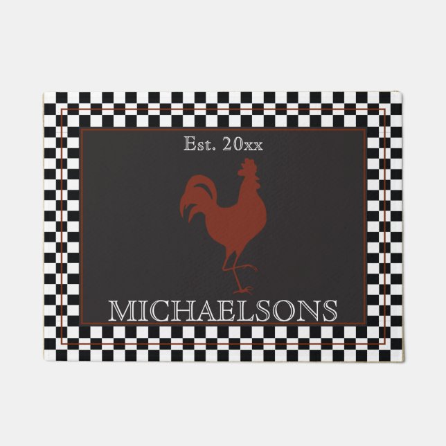 Rustieke Haan met Zwart | Naam witte cheques Deurmat (Voorkant)