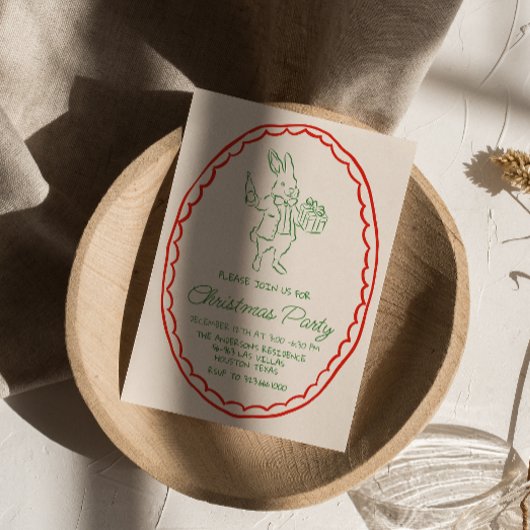 Rustieke Hand Getrokken Groene Rode Kerst Konijn P Kaart