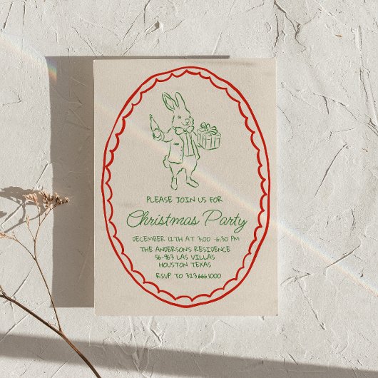 Rustieke Hand Getrokken Groene Rode Kerst Konijn P Kaart