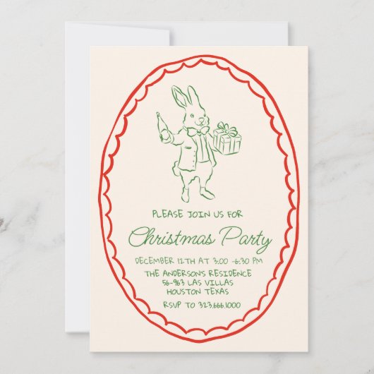 Rustieke Hand Getrokken Groene Rode Kerst Konijn P Kaart (Voorkant)