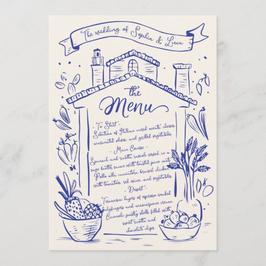 Rustieke Hand Getrokken Italiaanse Trouwmenu Blauw Menu (Voorkant)