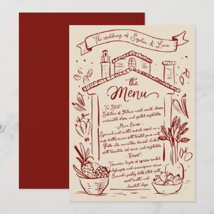 Rustieke Hand Getrokken Italiaanse Trouwmenu Rode Menu
