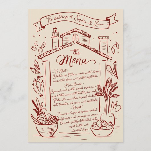Rustieke Hand Getrokken Italiaanse Trouwmenu Rode Menu (Voorkant)