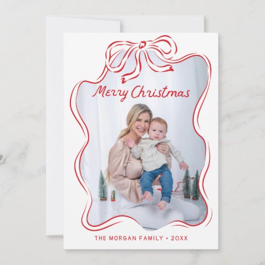 Rustieke Hand Getrokken Rode Boog Foto Kerst Kaart (Voorkant)