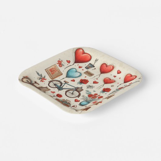Rustieke harten schetsen rood en crème papieren bordje (Gebogen)