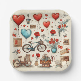 Rustieke harten schetsen rood en crème papieren bordje