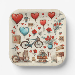 Rustieke harten schetsen rood en crème papieren bordje