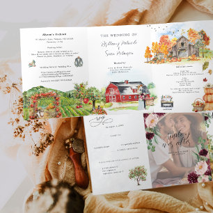 Rustieke herfst appelboomgaard bruiloft drieluik uitnodiging