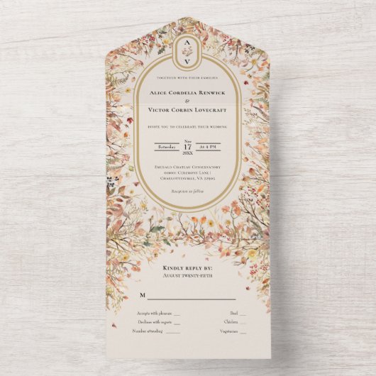 rustieke Herfst Beige bruiloft Monogram All In One Uitnodiging (Binnen)