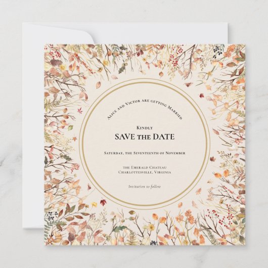 rustieke Herfst Beige bruiloft Monogram Vierkant Save The Date (Voorkant)