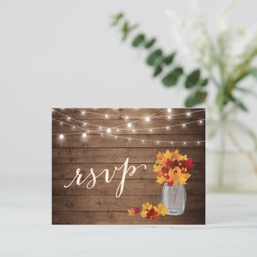 Rustieke herfst bladeren Mason Jar String Lights R Uitnodiging Briefkaart (Staand voorkant)