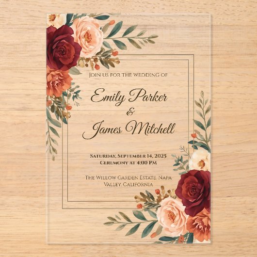 Rustieke Herfst Bloemen Acryl Huwelijksuitnodiging Acryl Uitnodigingen (Voorkant)