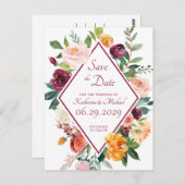 Rustieke Herfst Bloemen Wijnrood Save The Date Briefkaart (Voorkant / Achterkant)