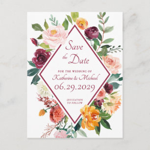Rustieke Herfst Bloemen Wijnrood Save The Date Briefkaart