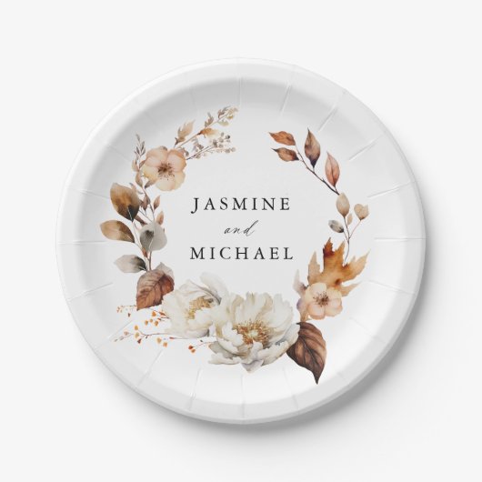 Rustieke herfst bloemenkrans bruiloft papieren bordje (Voorkant)