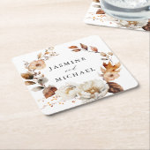 Rustieke herfst bloemenkrans bruiloft vierkante kartonnen onderzetter (Schuin)