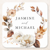 Rustieke herfst bloemenkrans bruiloft vierkante kartonnen onderzetter (Voorkant)