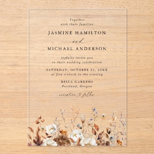 Rustieke herfst bloemenweide bruiloft acryl uitnodigingen (Voorkant)